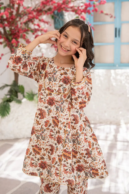 Girls Multi Beige Printed Tunic Straight Pants 2 Piece Set K-ALP-S26-108