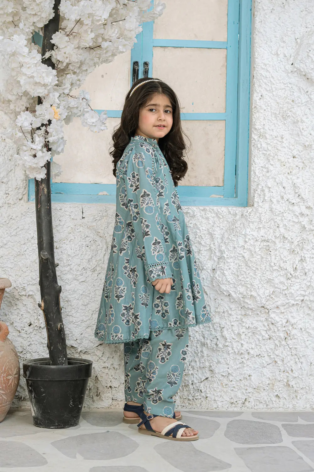 Girls Teal Blue Printed Panel Frock 2 Piece Set K-ALP-S26-109