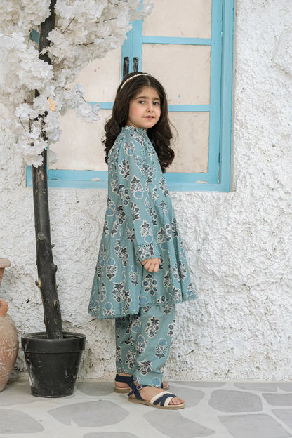 Girls Teal Blue Printed Panel Frock 2 Piece Set K-ALP-S26-109