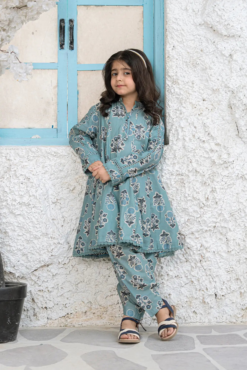 Girls Teal Blue Printed Panel Frock 2 Piece Set K-ALP-S26-109