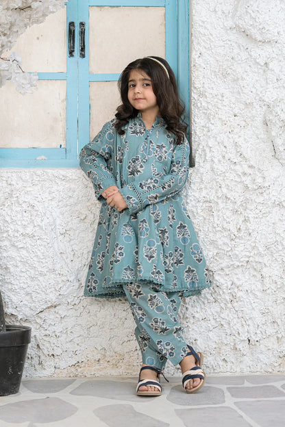 Girls Teal Blue Printed Panel Frock 2 Piece Set K-ALP-S26-109