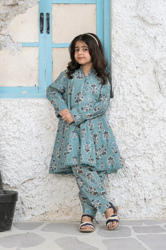 Girls Teal Blue Printed Panel Frock 2 Piece Set K-ALP-S26-109