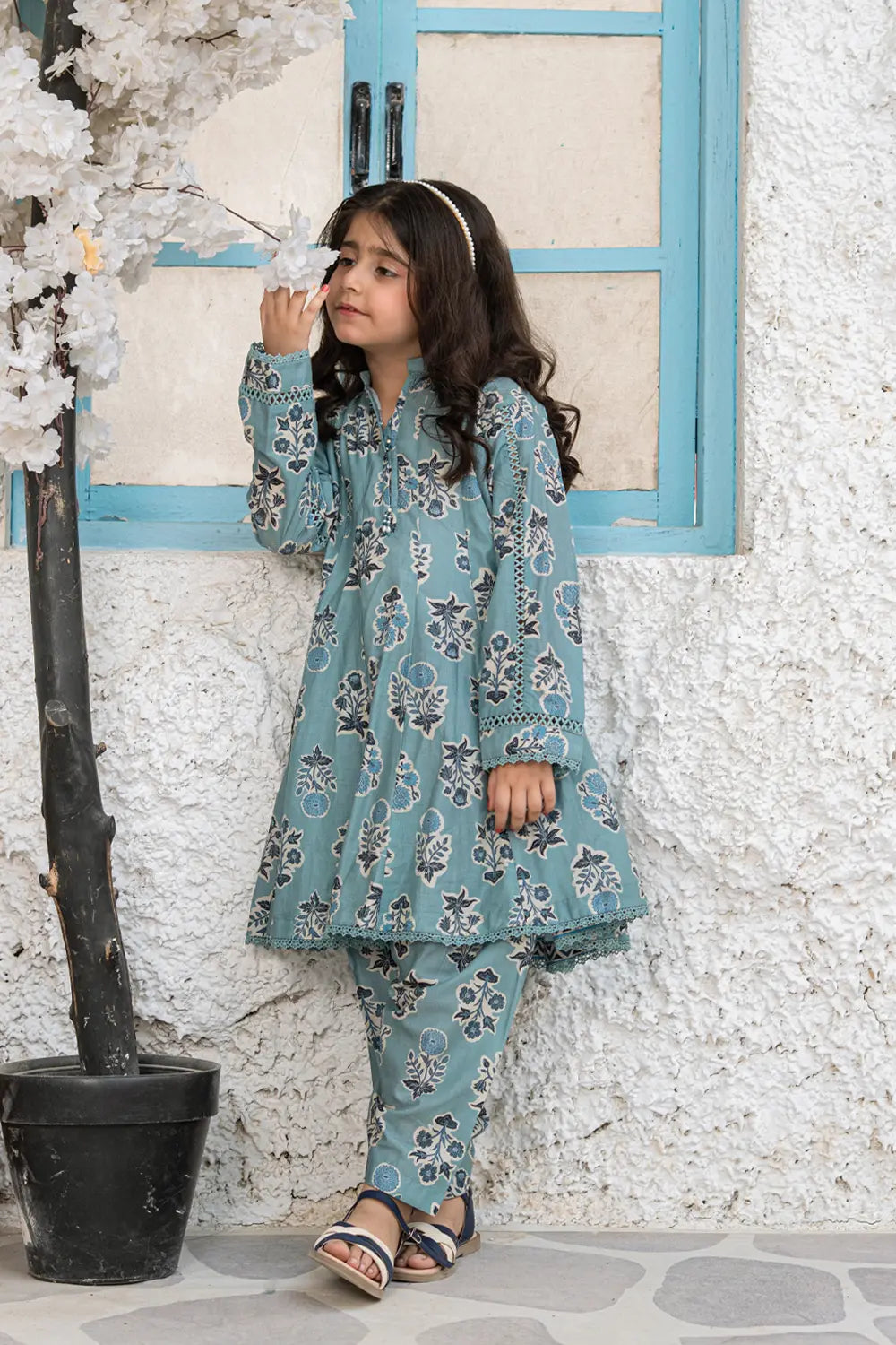 Girls Teal Blue Printed Panel Frock 2 Piece Set K-ALP-S26-109