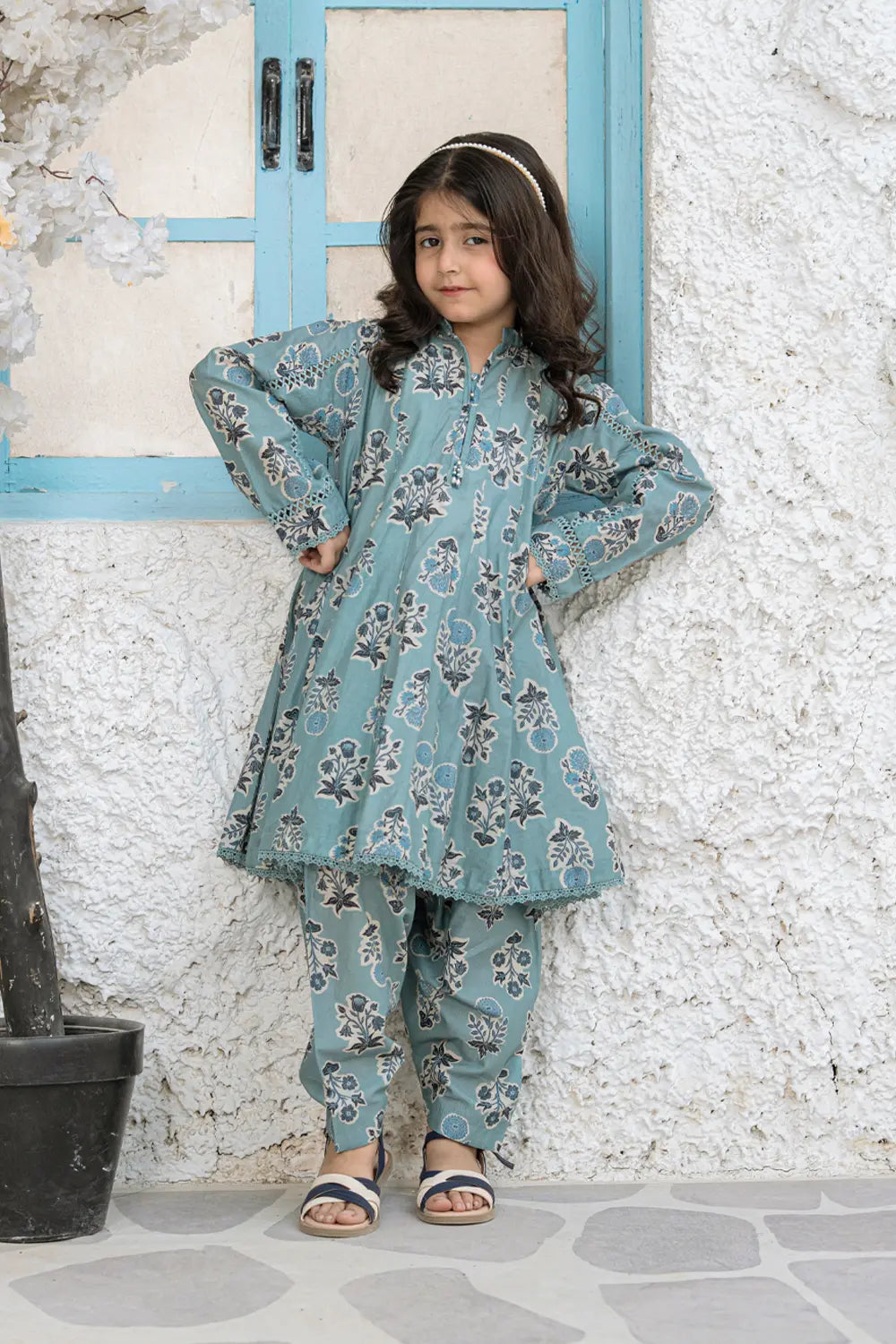 Girls Teal Blue Printed Panel Frock 2 Piece Set K-ALP-S26-109