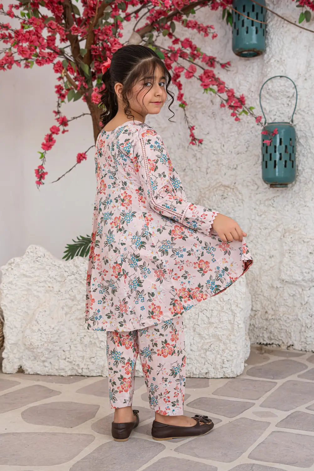 Girls Soft Pink Printed Angrakha Panel Top 2 Piece Set K-ALP-S26-110