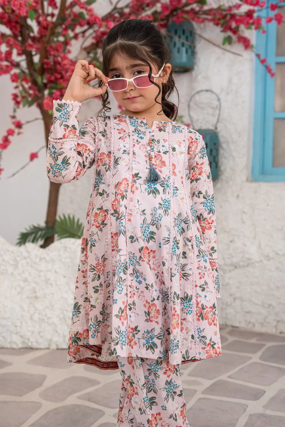 Girls Soft Pink Printed Angrakha Panel Top 2 Piece Set K-ALP-S26-110