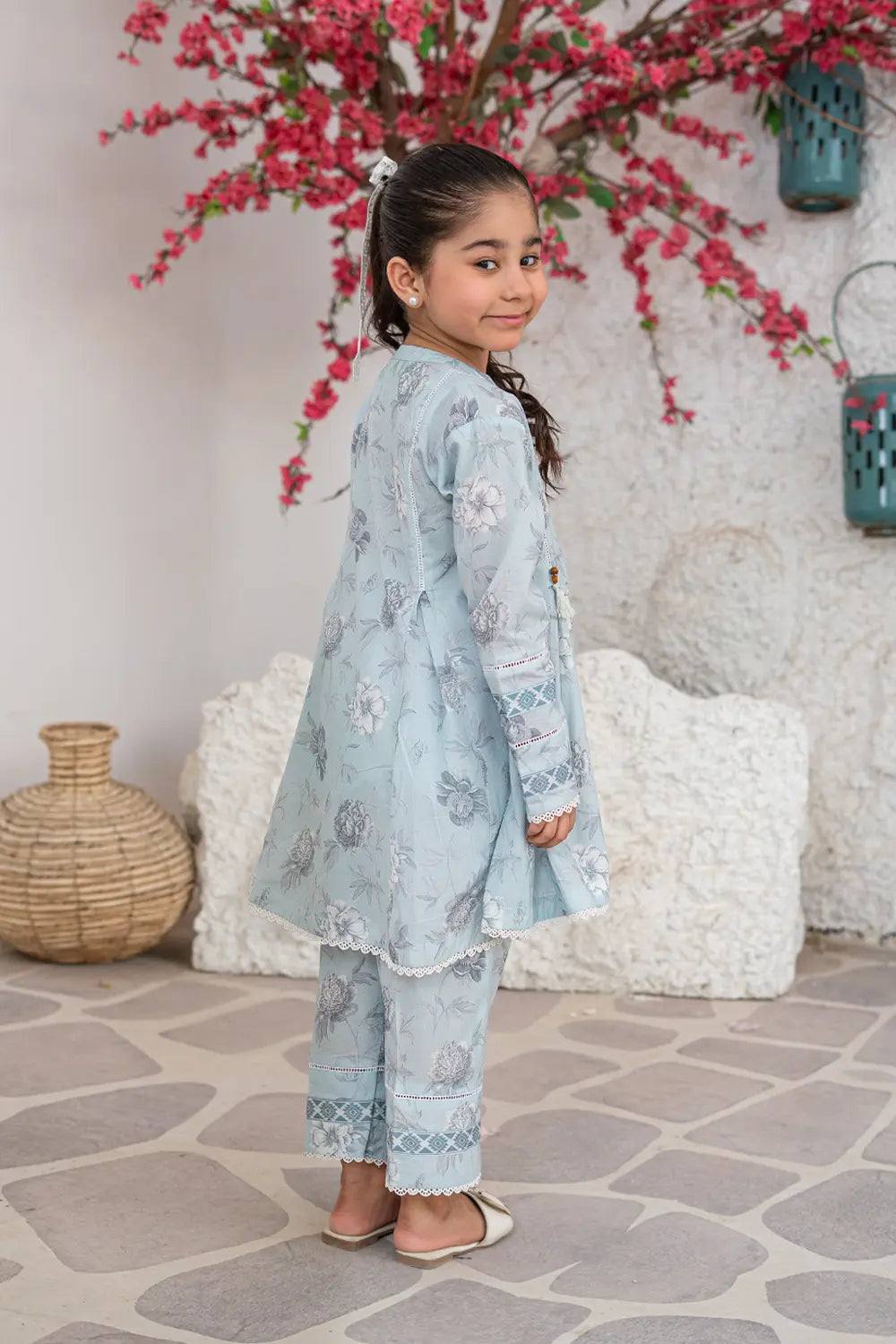 Girls Powder Blue Printed Box Pleated 2 Piece Set K-ALP-S26-112