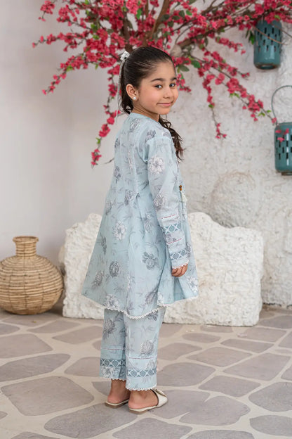 Girls Powder Blue Printed Box Pleated 2 Piece Set K-ALP-S26-112