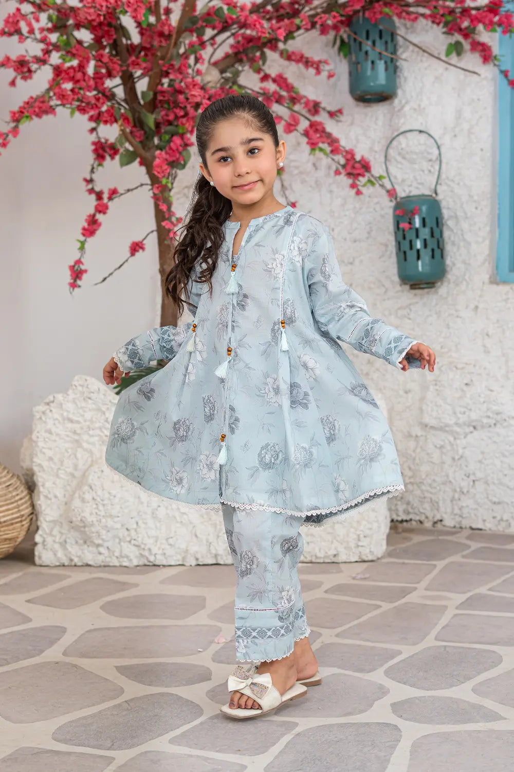 Girls Powder Blue Printed Box Pleated 2 Piece Set K-ALP-S26-112
