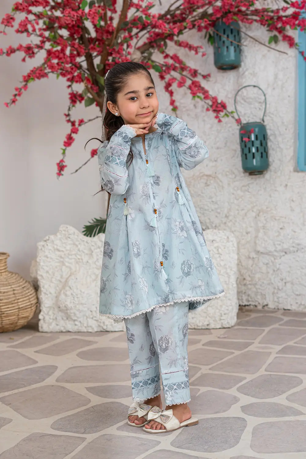 Girls Powder Blue Printed Box Pleated 2 Piece Set K-ALP-S26-112