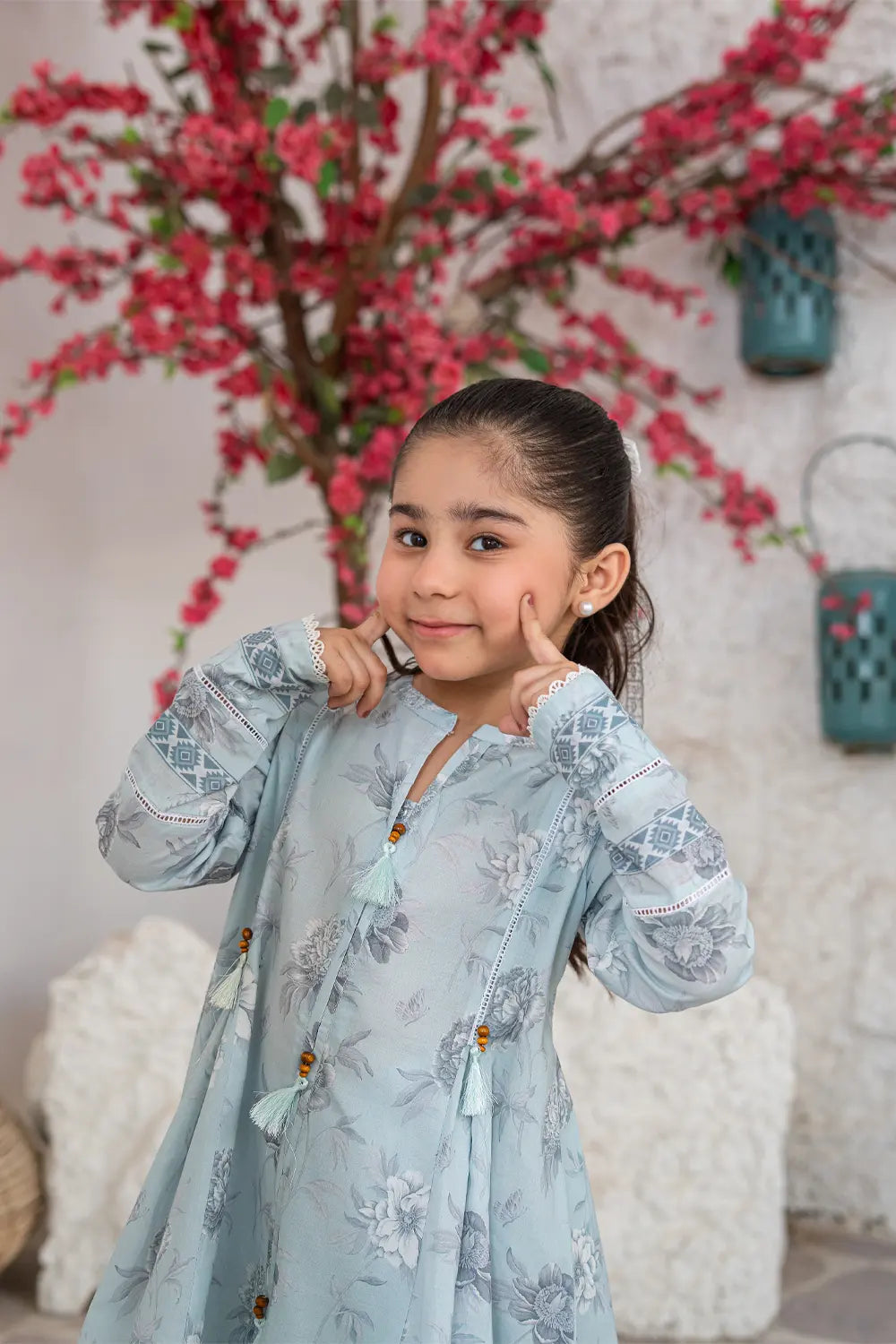 Girls Powder Blue Printed Box Pleated 2 Piece Set K-ALP-S26-112