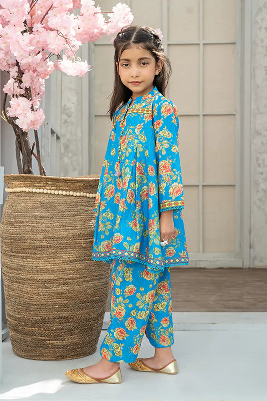 2 Piece Blue Digital Printed Co-ords Set with Lace work K-ALPRTW-037