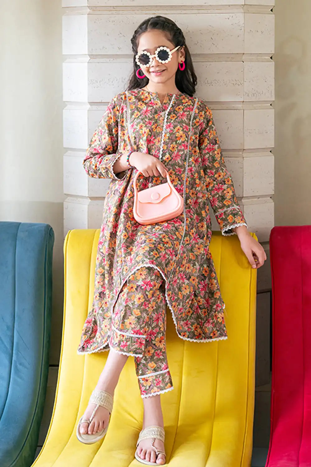 2 Piece Lawn All Over Printed Panel Frock with Trouser K-ALPRTW-048