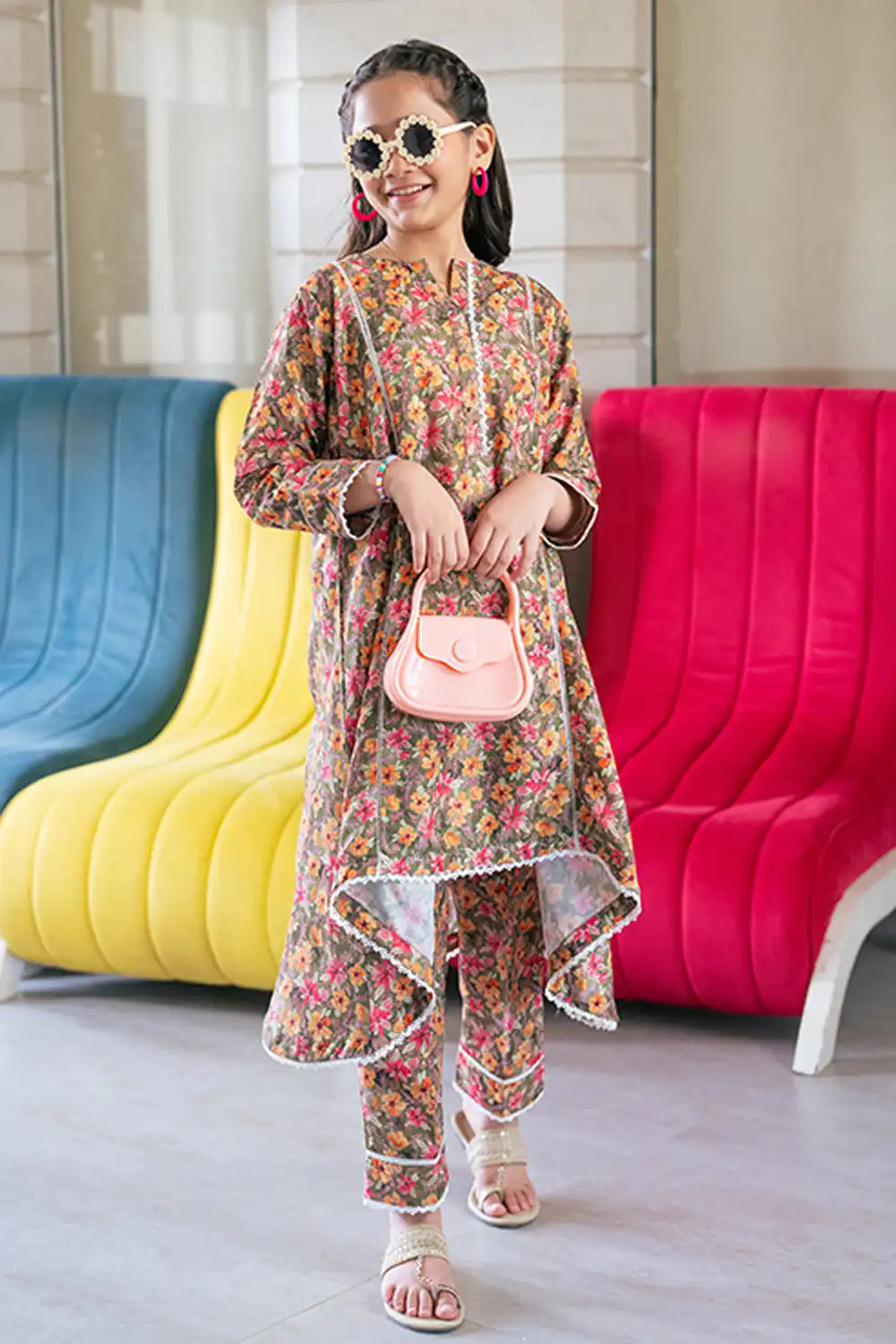 2 Piece Lawn All Over Printed Panel Frock with Trouser K-ALPRTW-048