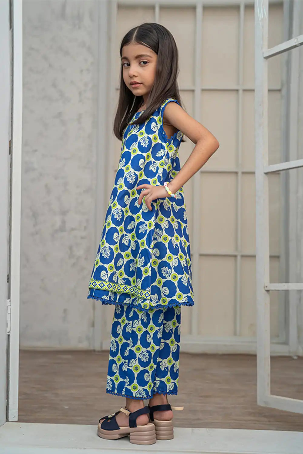 2 Piece Suit Navy Blue Angrakha Frock Cotton Lawn K-DP-011