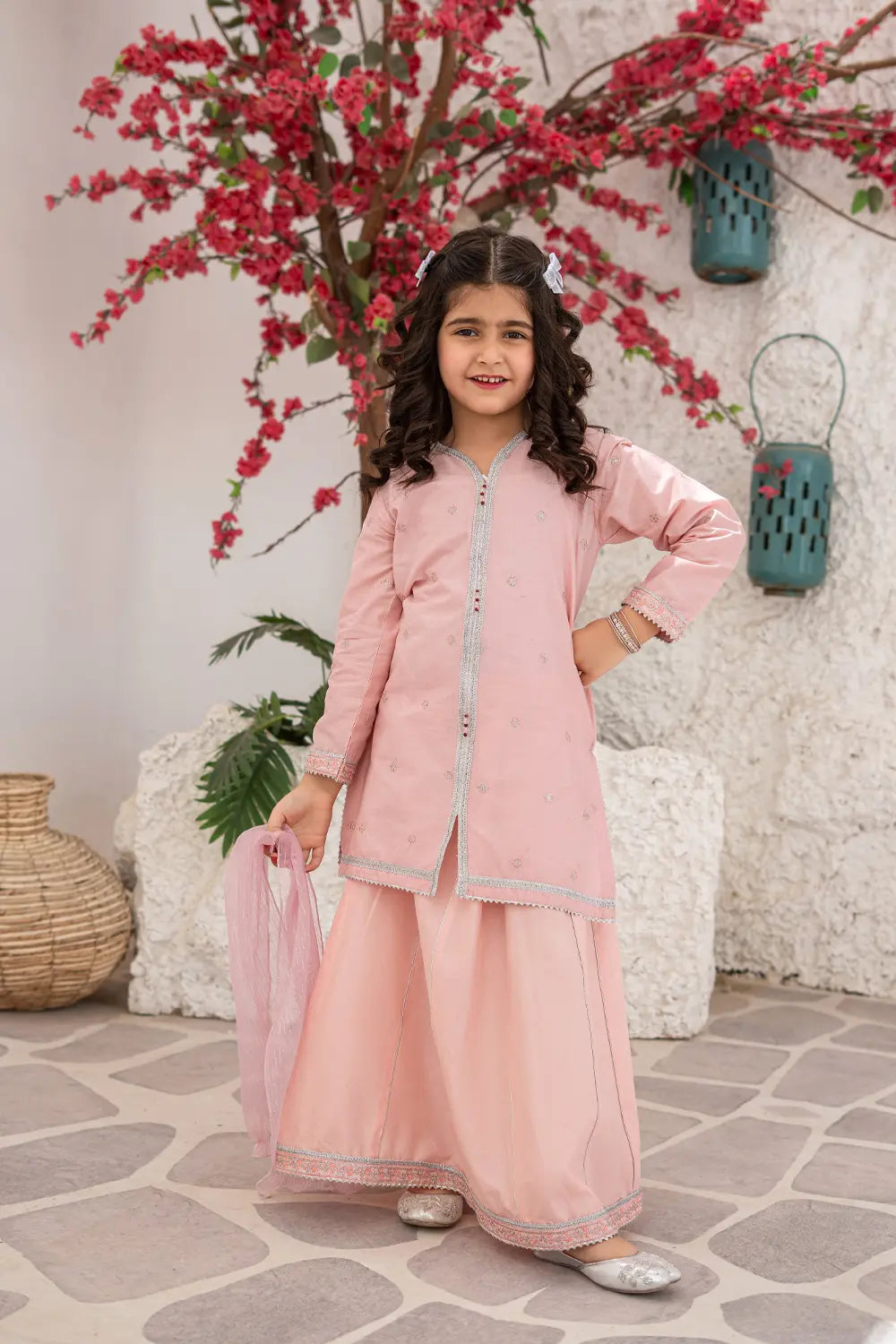 Girls Soft Pink Jacquard Embroidered Plazzo 3 Piece Set K-MG-014