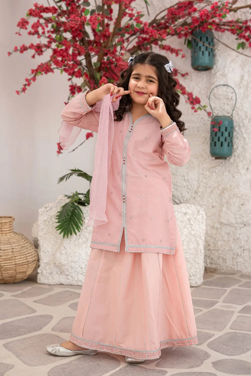Girls Soft Pink Jacquard Embroidered Plazzo 3 Piece Set K-MG-014