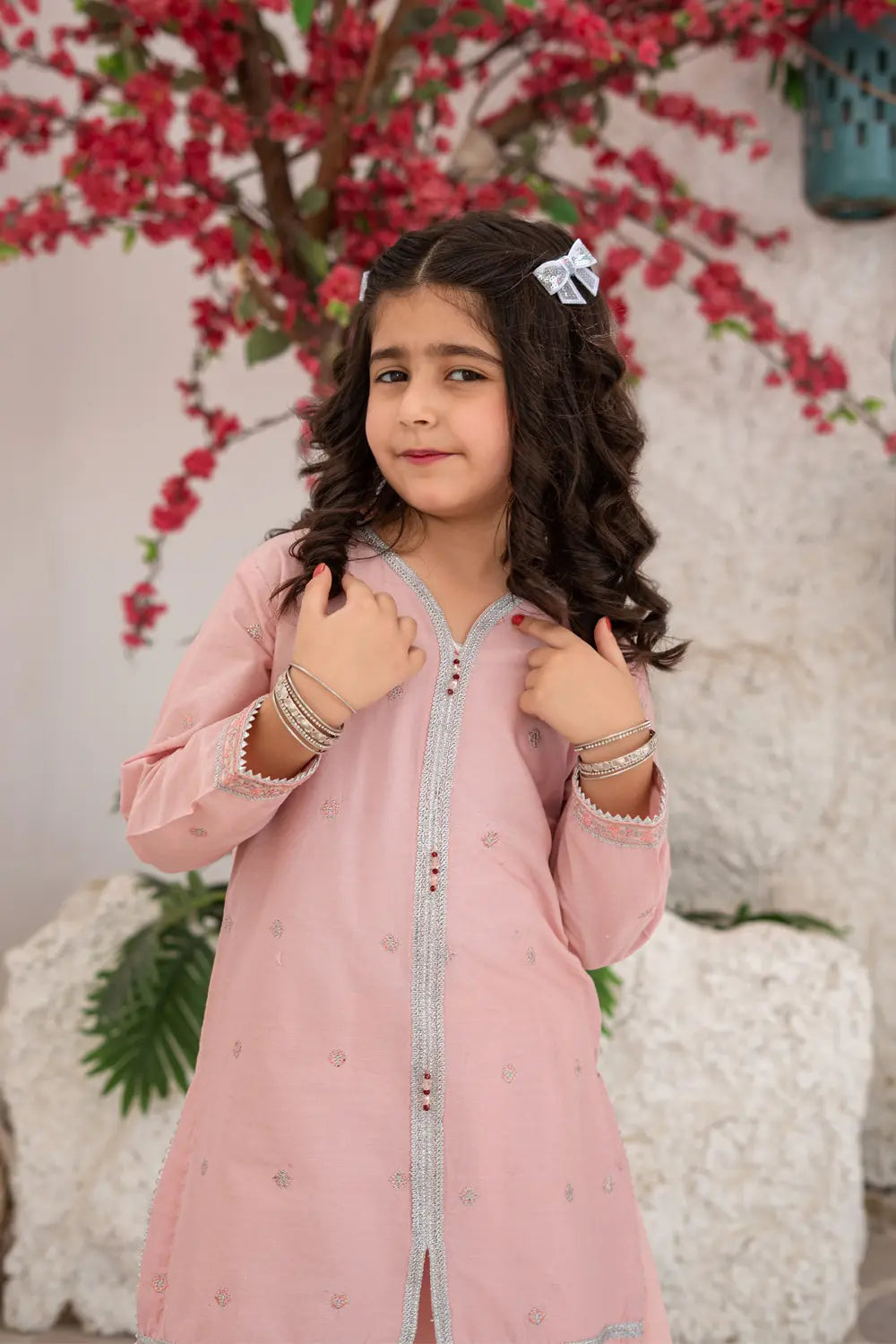 Girls Soft Pink Jacquard Embroidered Plazzo 3 Piece Set K-MG-014