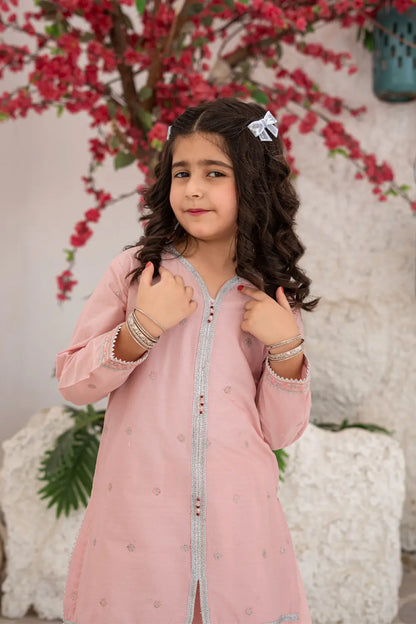 Girls Soft Pink Jacquard Embroidered Plazzo 3 Piece Set K-MG-014