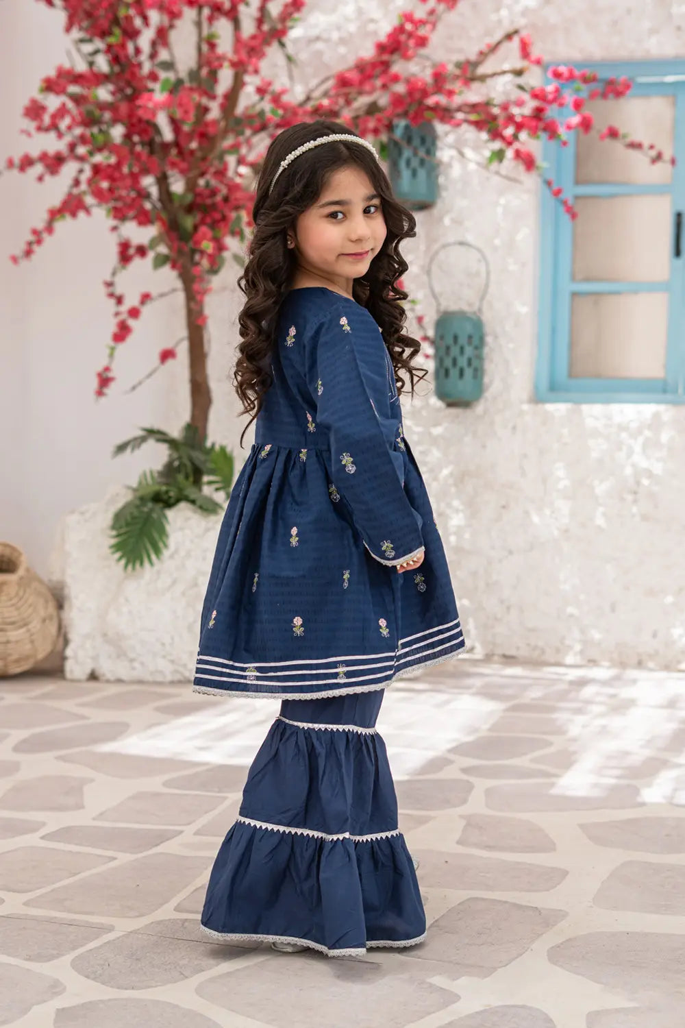 Girls Navy Blue Jacquard Embroidered Gharara 3 Piece Set K-MG-021
