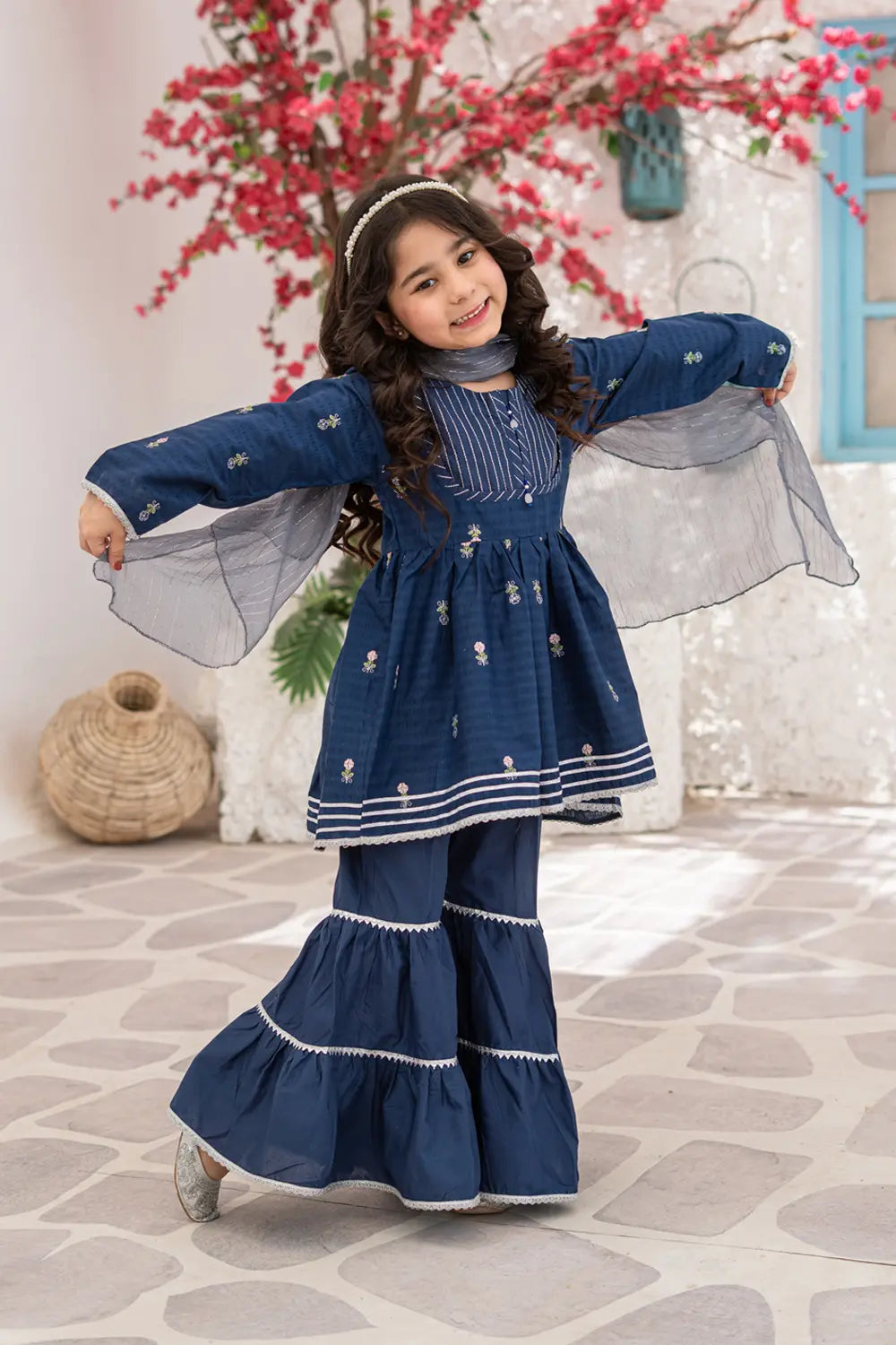 Girls Navy Blue Jacquard Embroidered Gharara 3 Piece Set K-MG-021