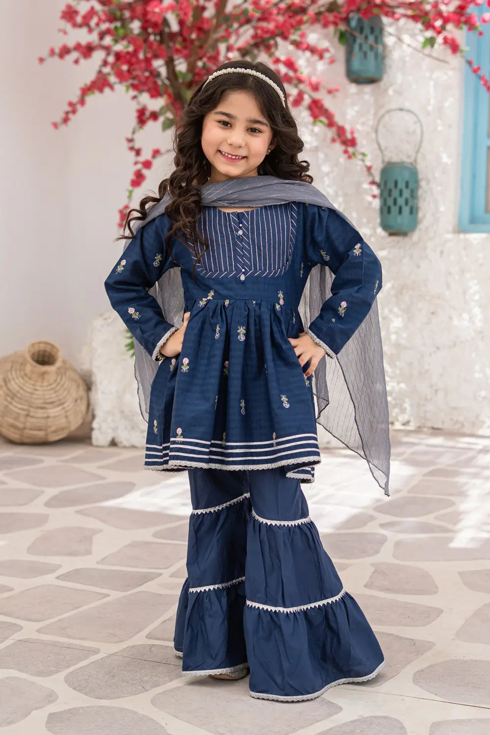 Girls Navy Blue Jacquard Embroidered Gharara 3 Piece Set K-MG-021