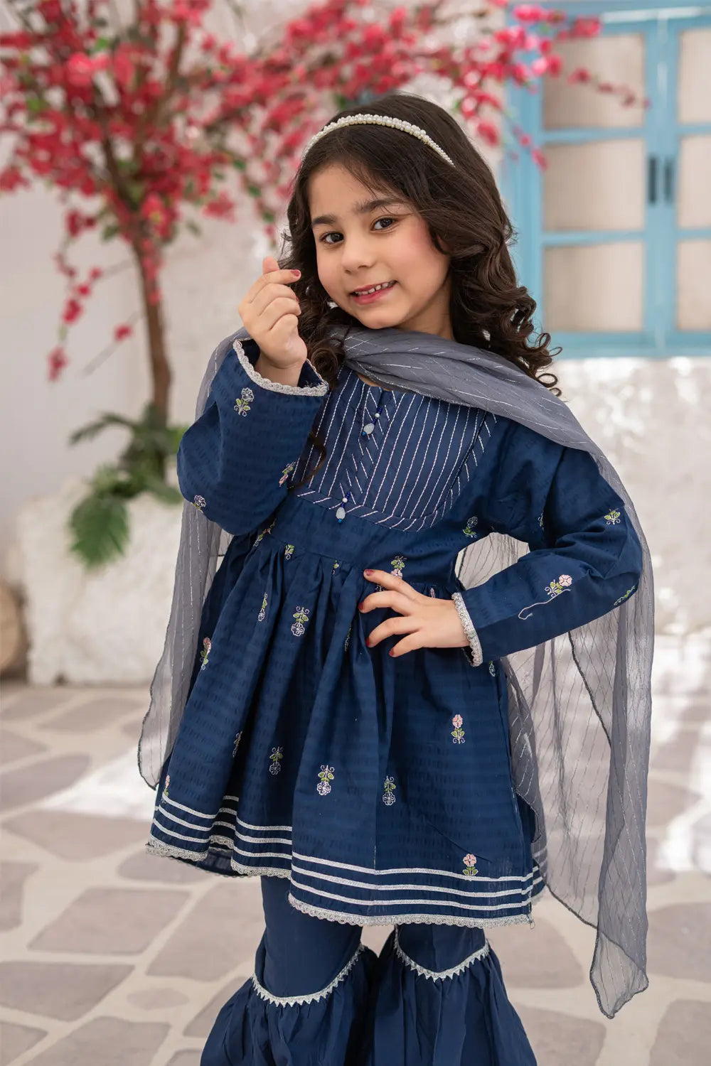 Girls Navy Blue Jacquard Embroidered Gharara 3 Piece Set K-MG-021