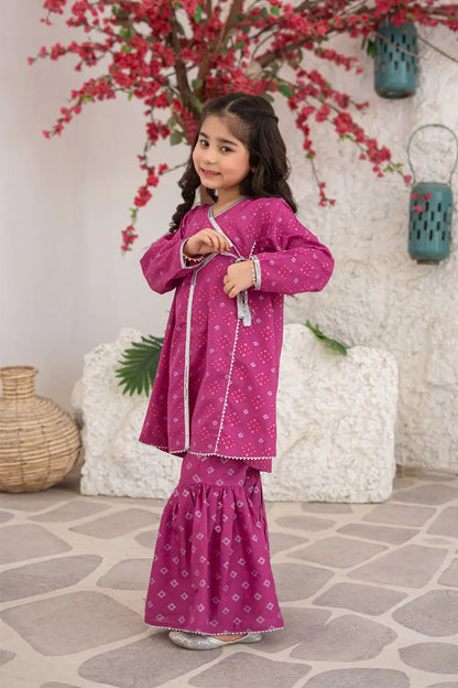 Girls Purplish Pink Printed Angrakha Gharara 2 Piece Set K-MG-024