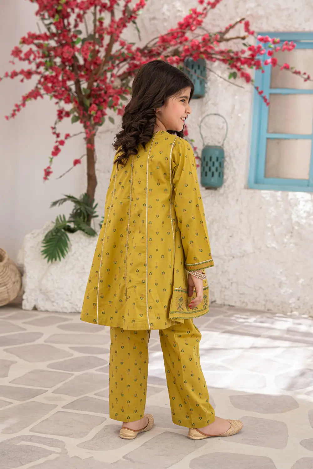 Girls Mustard Yellow Printed Panel Frock 2 Piece Set K-MG-025