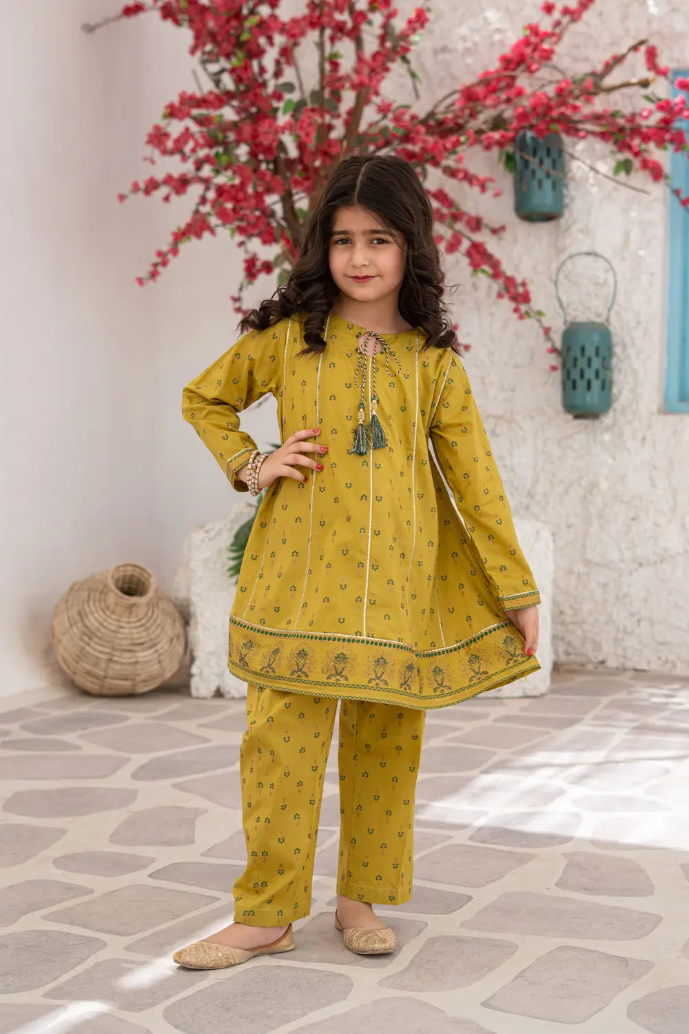 Girls Mustard Yellow Printed Panel Frock 2 Piece Set K-MG-025