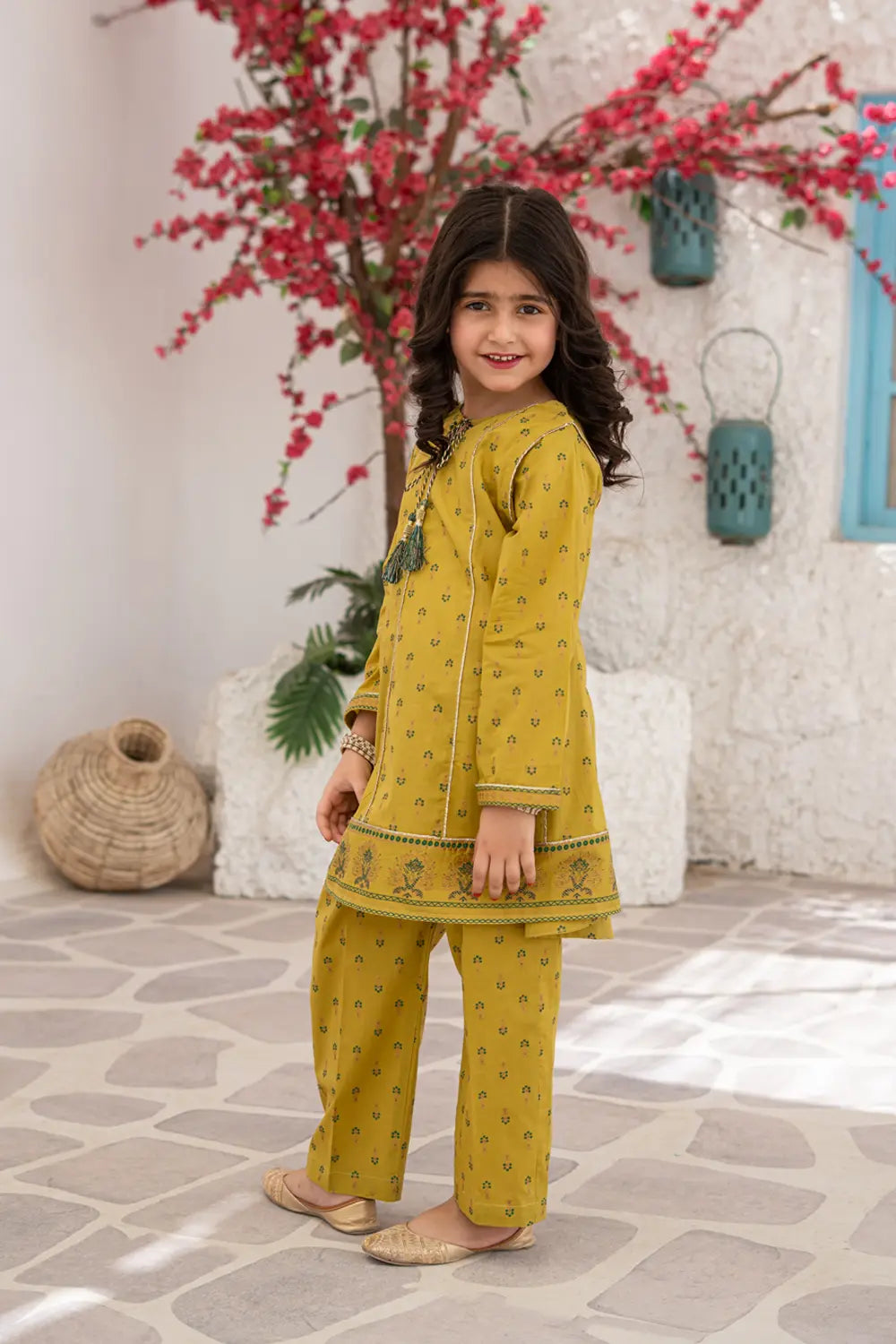 Girls Mustard Yellow Printed Panel Frock 2 Piece Set K-MG-025