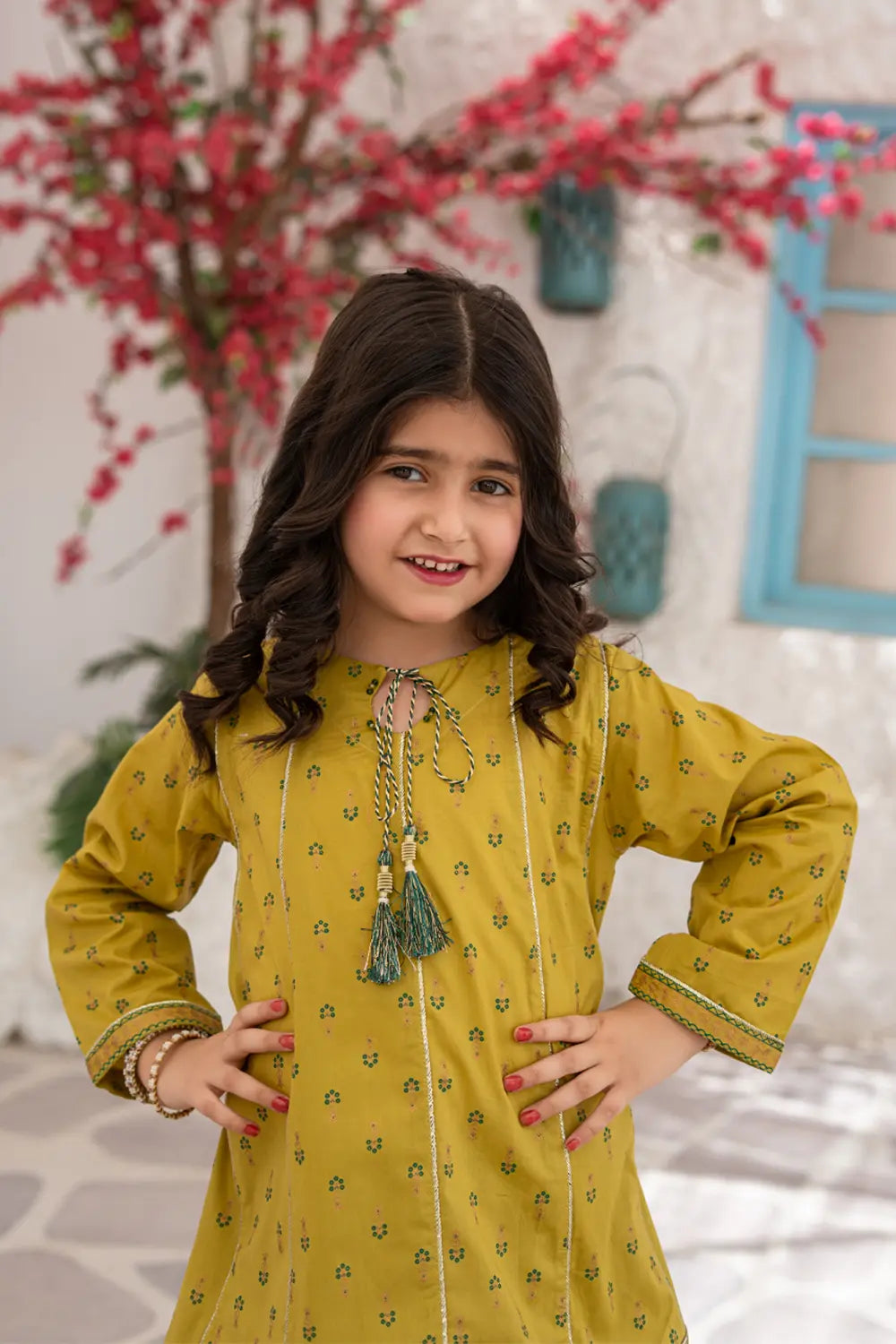 Girls Mustard Yellow Printed Panel Frock 2 Piece Set K-MG-025