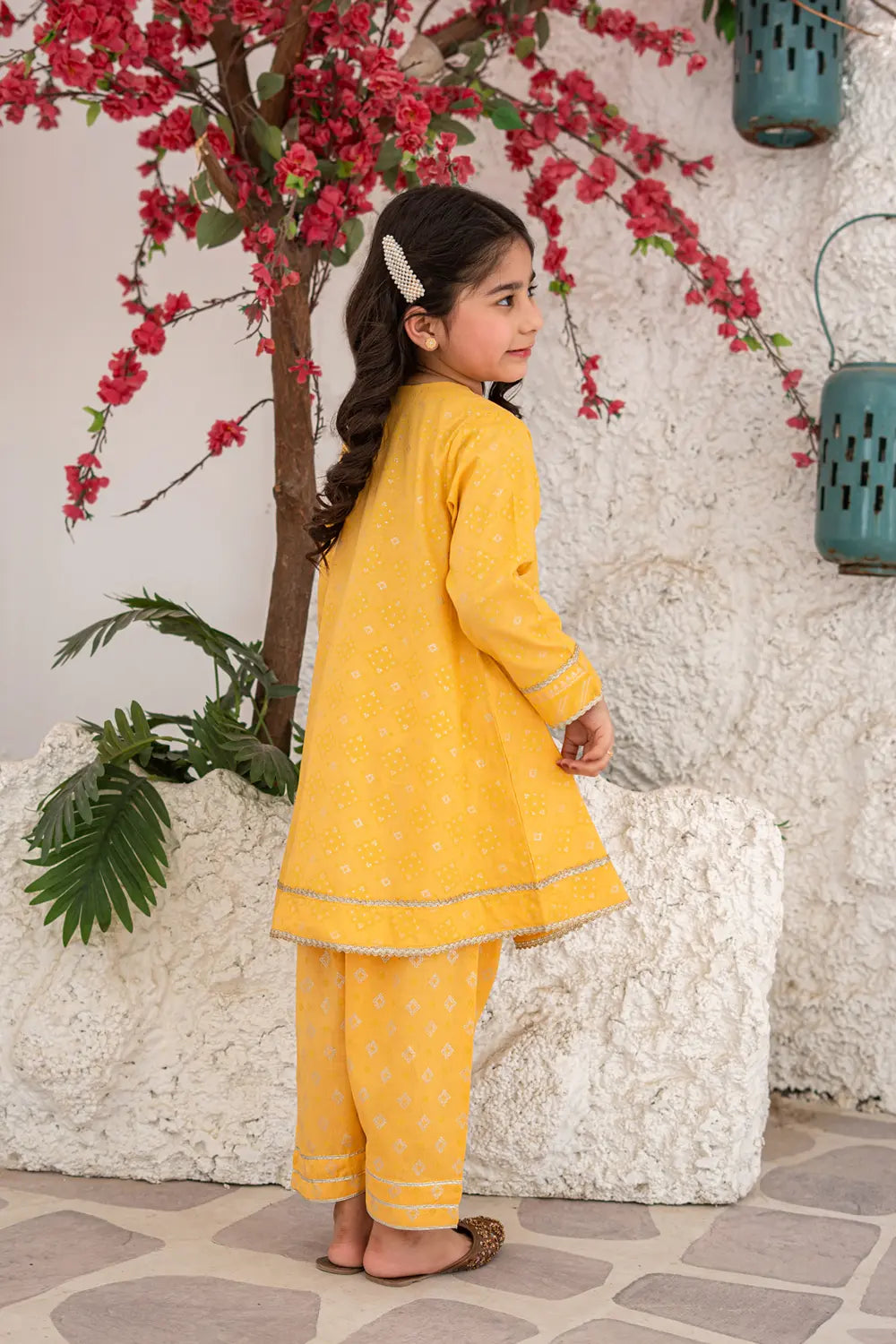 Girls Sunny Yellow Printed Angrakha Shalwar 2 Piece Set K-MG-026