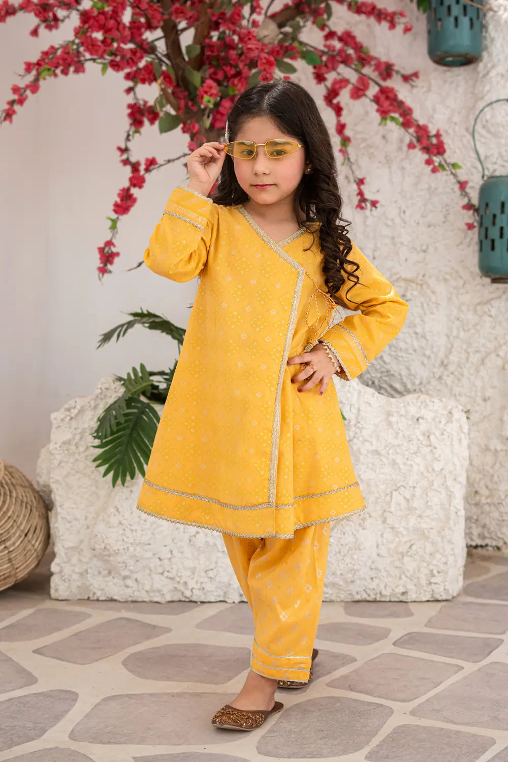 Girls Sunny Yellow Printed Angrakha Shalwar 2 Piece Set K-MG-026