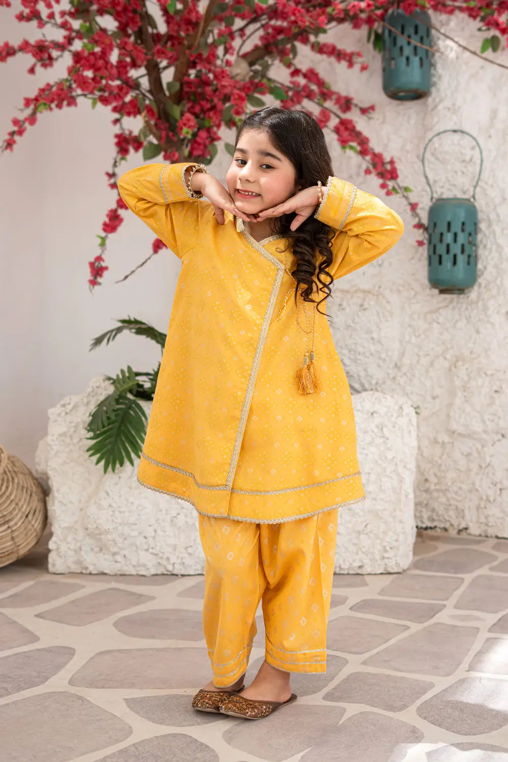 Girls Sunny Yellow Printed Angrakha Shalwar 2 Piece Set K-MG-026
