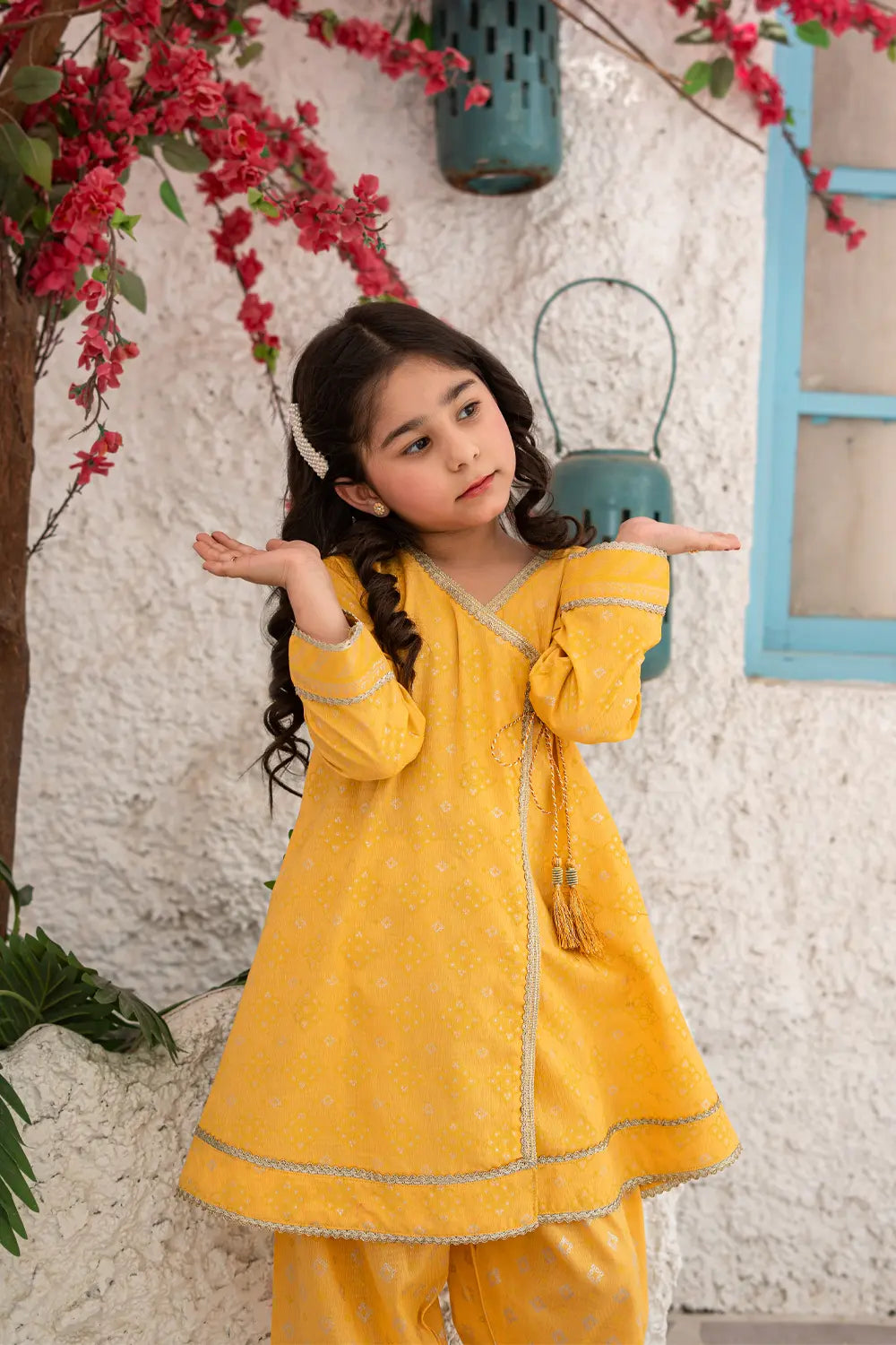 Girls Sunny Yellow Printed Angrakha Shalwar 2 Piece Set K-MG-026