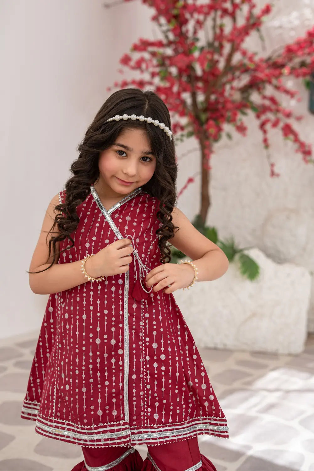 Girls Cherry Fuchsia Glitter Print Gharara 3 Piece Set K-MG-027