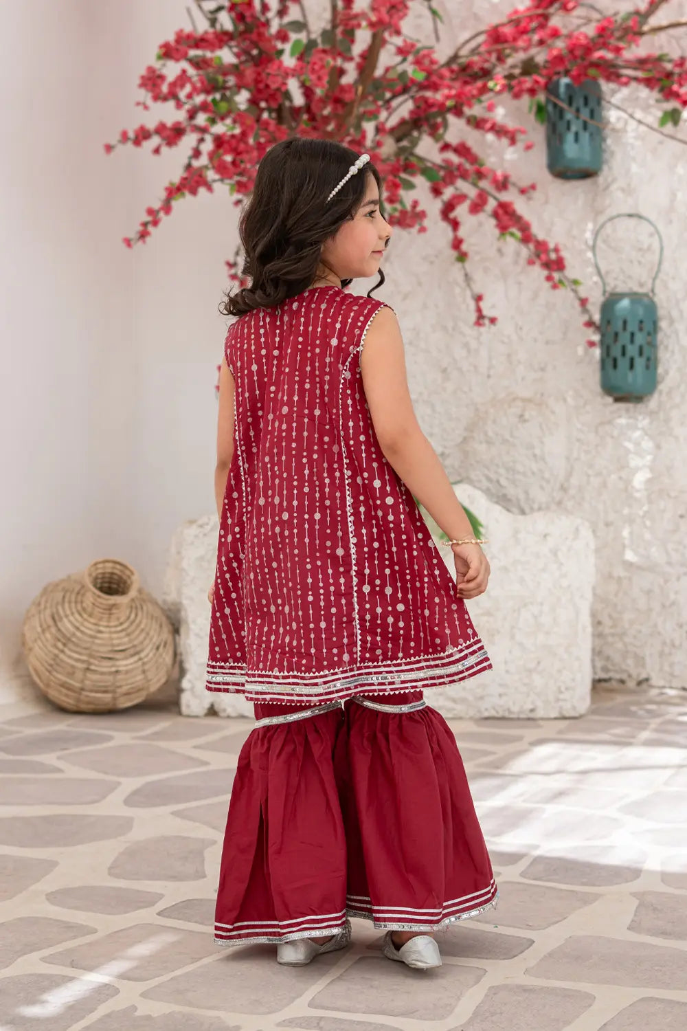 Girls Cherry Fuchsia Glitter Print Gharara 3 Piece Set K-MG-027