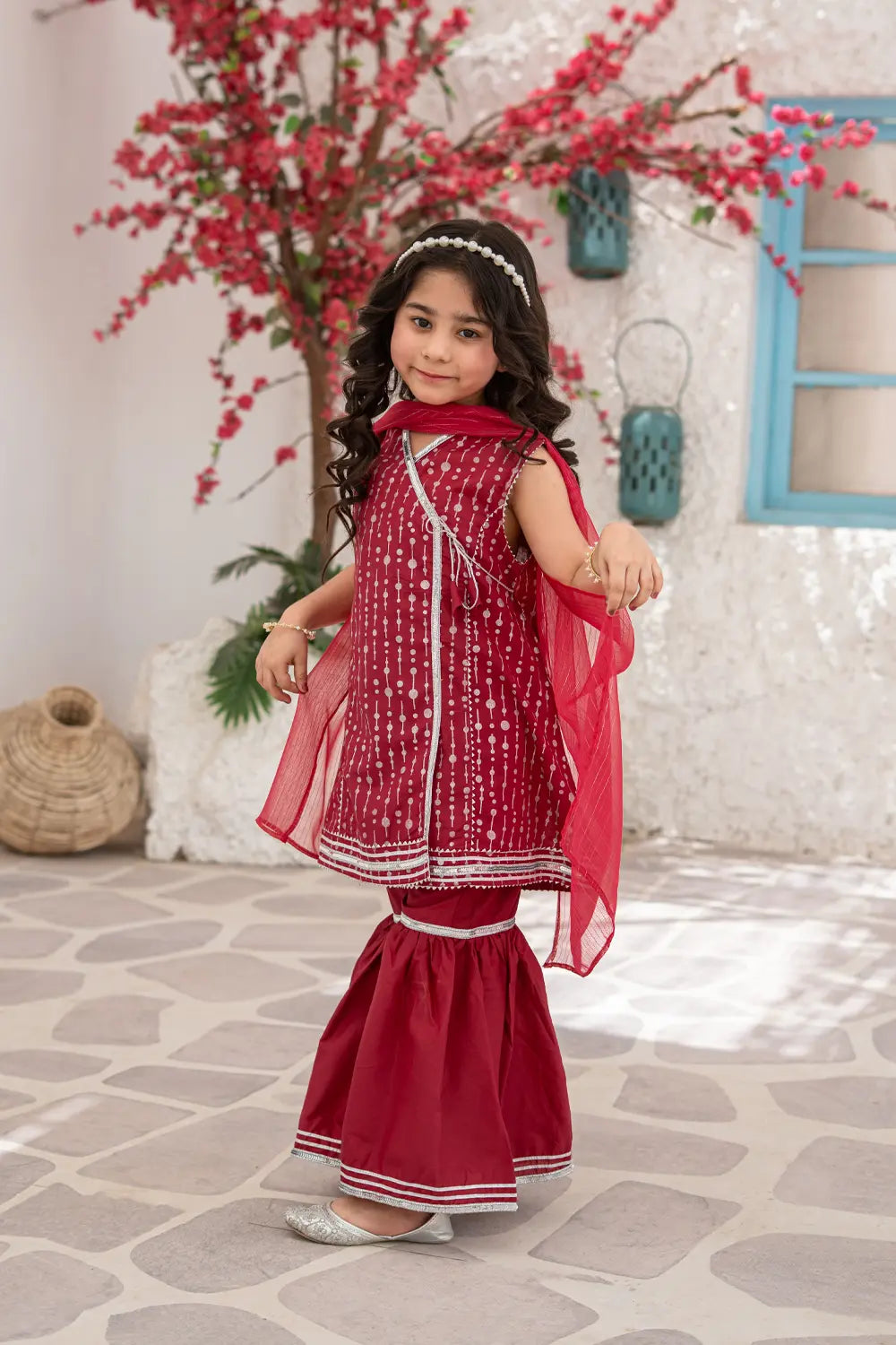 Girls Cherry Fuchsia Glitter Print Gharara 3 Piece Set K-MG-027