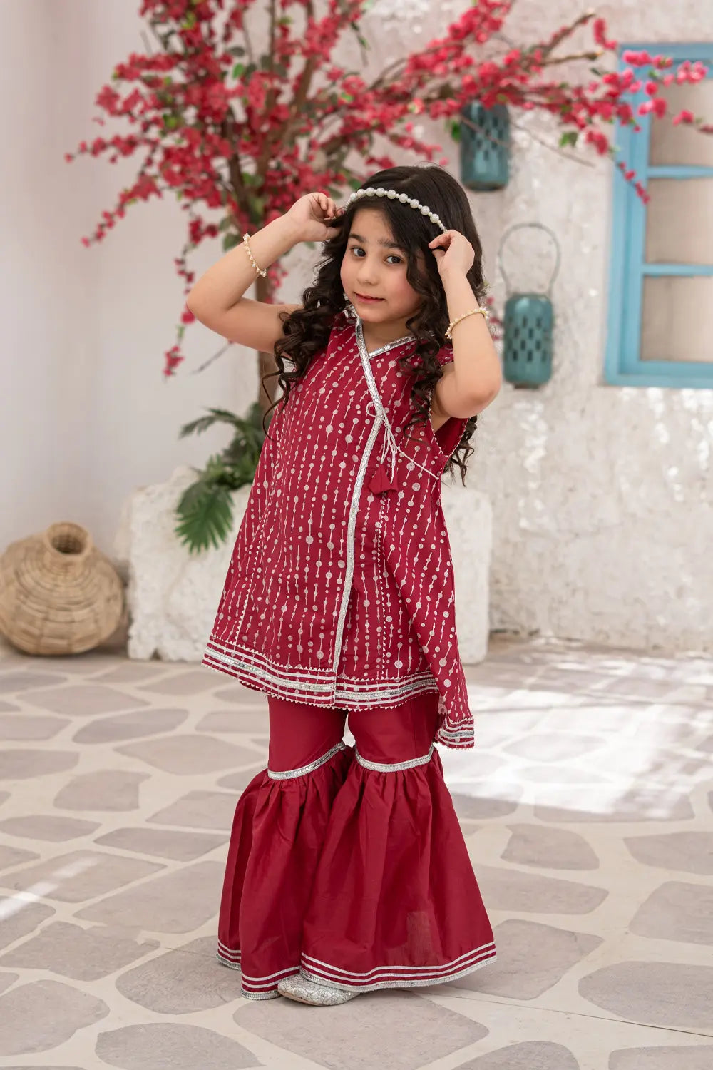 Girls Cherry Fuchsia Glitter Print Gharara 3 Piece Set K-MG-027