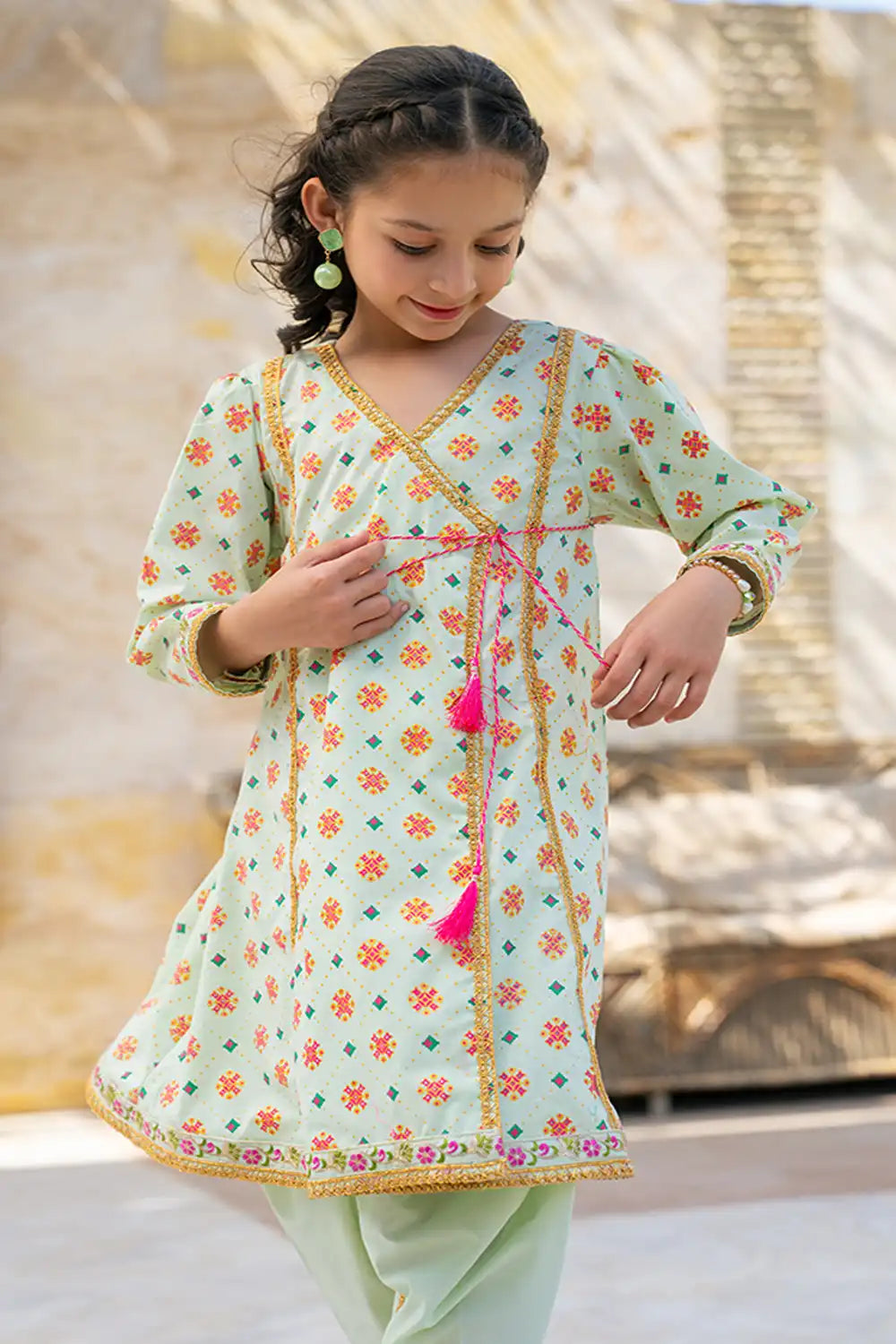 2 Piece Dress Table Print Angrakha Style Frock with Tulip K-SFC-019