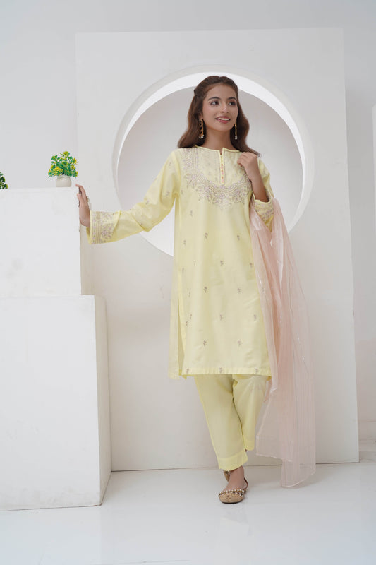 3 Piece Embroidered Suit with Organza Dupatta R-T-SFC-006
