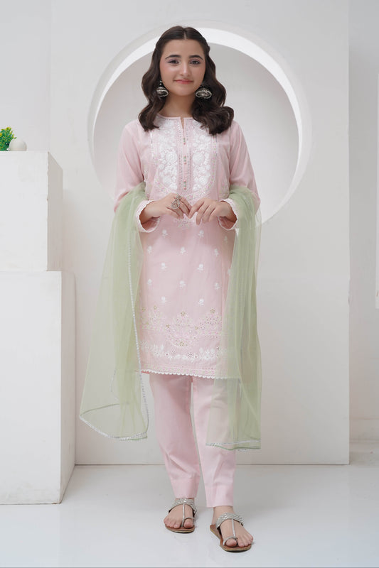 3 Piece Lawn Embroidered Suit with Organza R-T-SFC-009