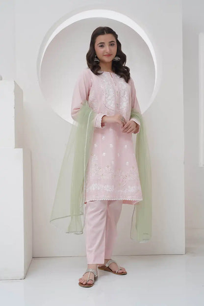 3 Piece Lawn Embroidered Suit with Organza R-T-SFC-009