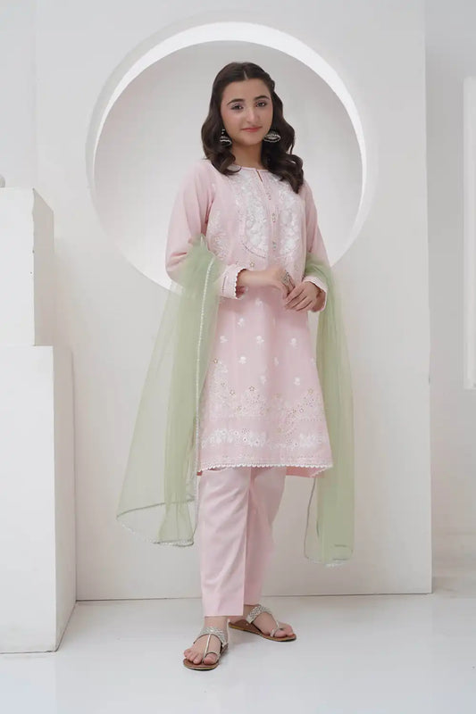 3 Piece Lawn Embroidered Suit with Organza R-T-SFC-009