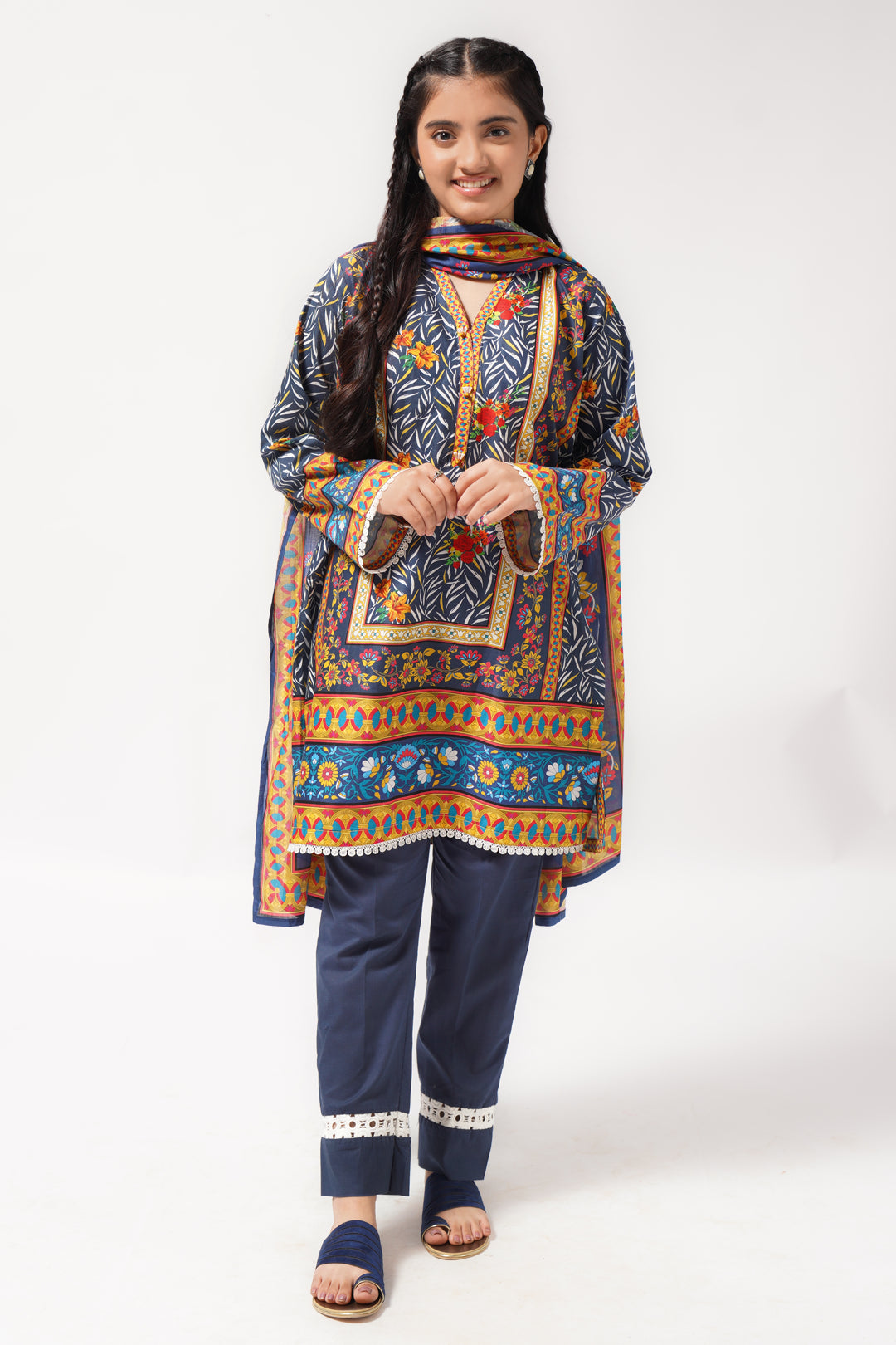 3 Piece Lawn Digital Printed Suit in Dark Blue 3PCS-047