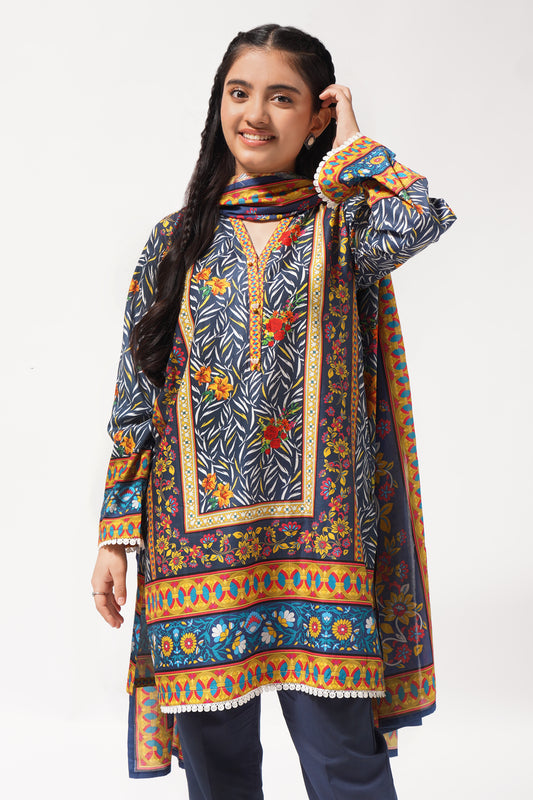 3 Piece Lawn Digital Printed Suit in Dark Blue 3PCS-047