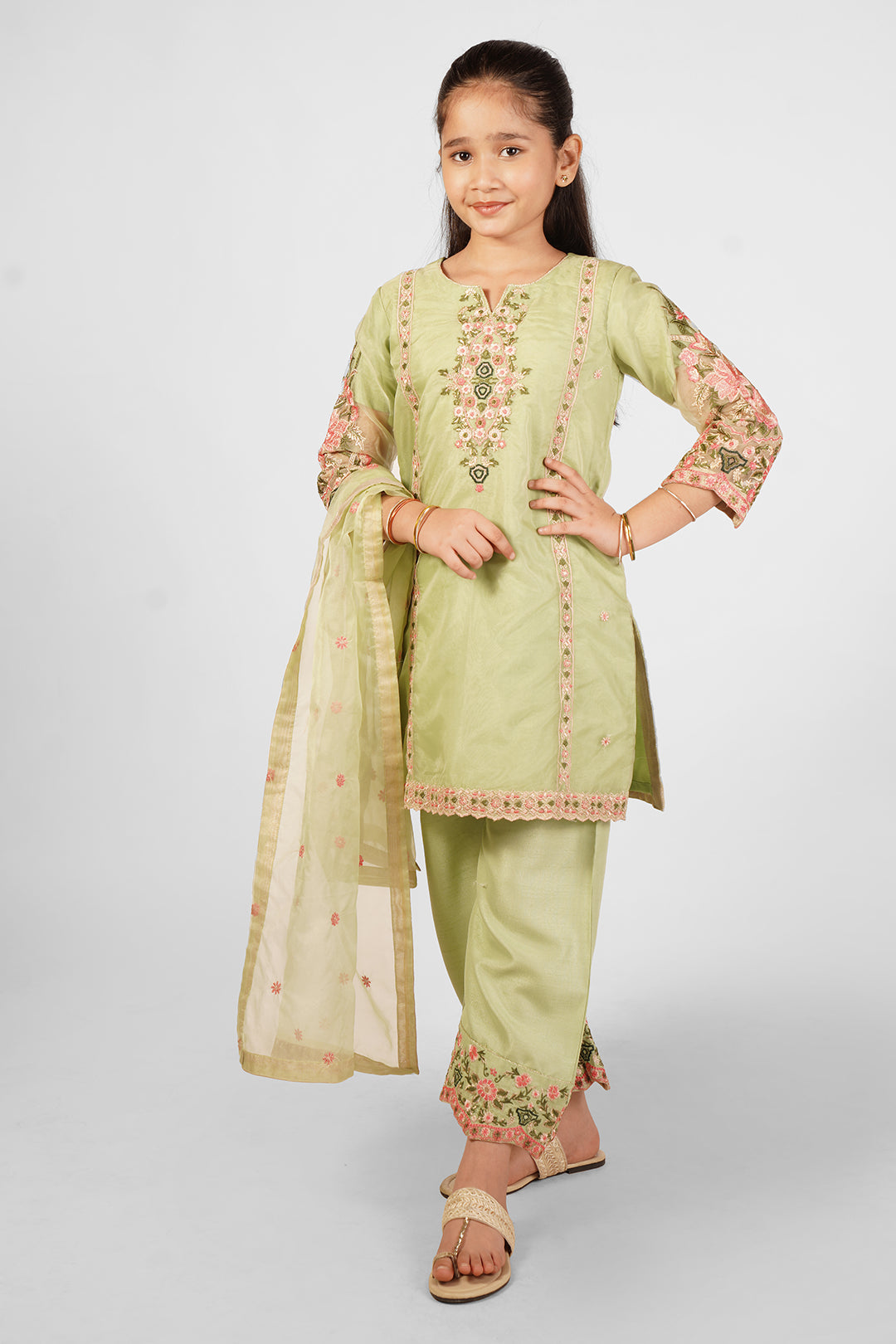 3PCS Embroidered Suit In Greenish Beige SKU: RTWFDS-007