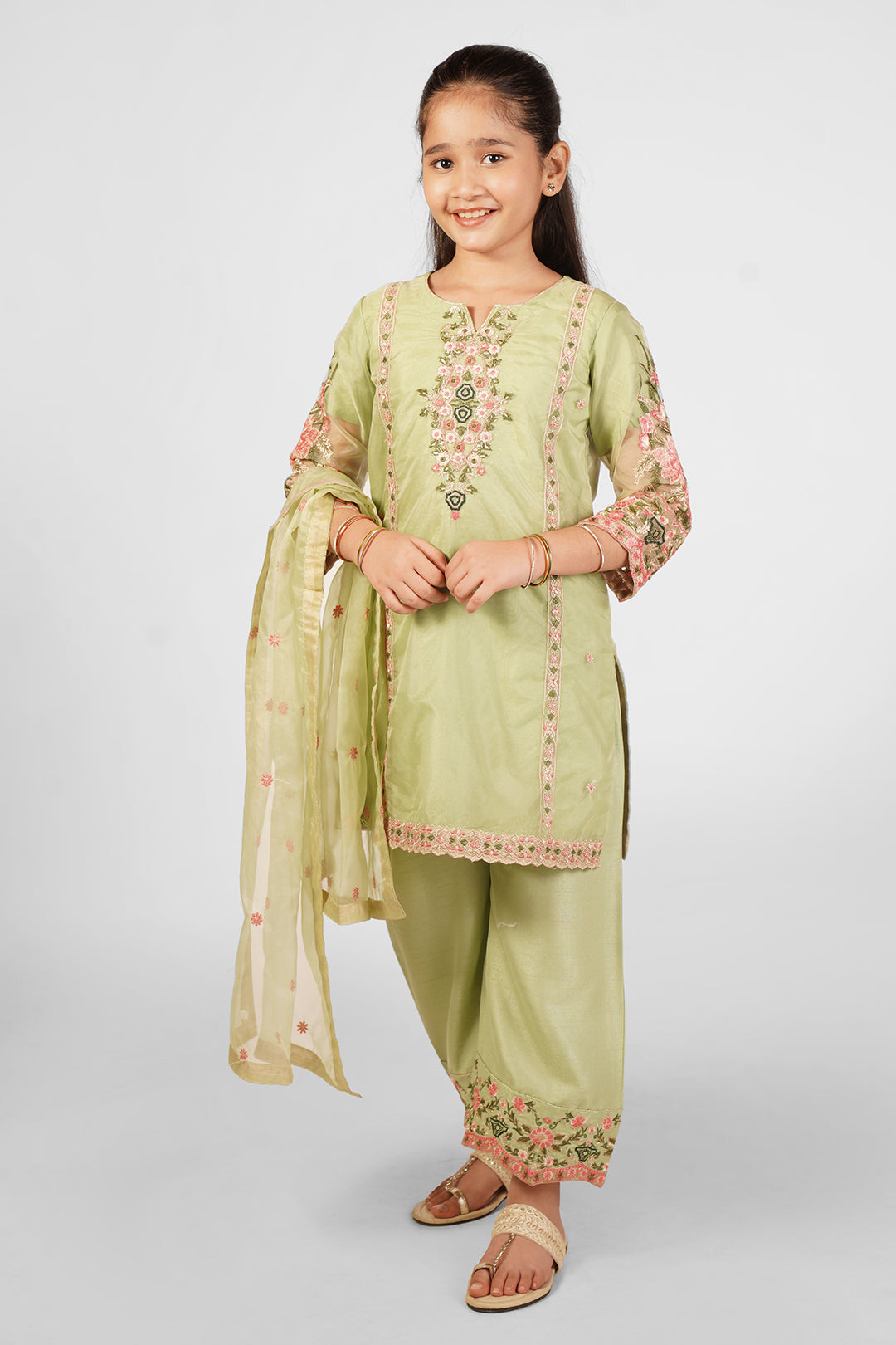 3PCS Embroidered Suit In Greenish Beige SKU: RTWFDS-007