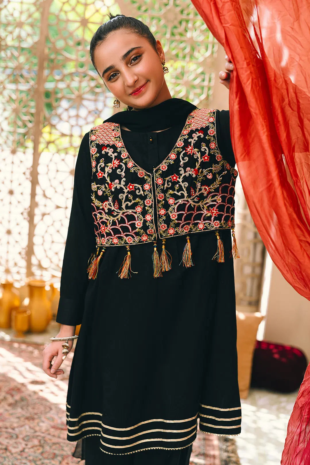 3 Piece Blackish Blue Frock with Embroidered Kotti & Trouser SFC-185